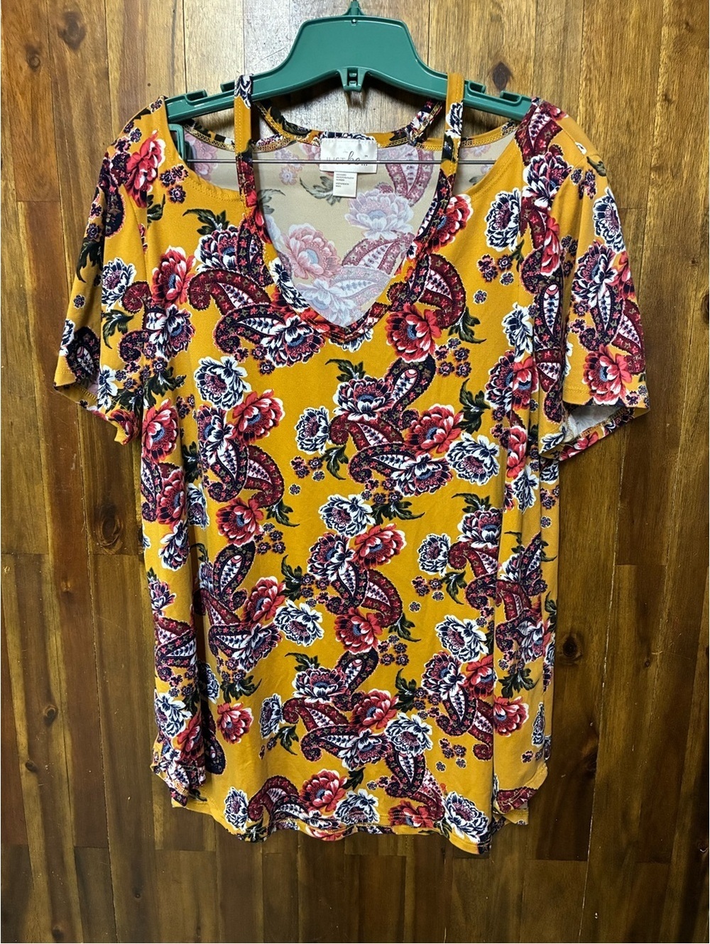 Just Be 2X Mustard Yellow Floral Paisley Cold Shoulder Tunic Top Boho